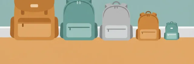A row of school backpacks arranged from large to small against a classroom wall, flat vector illustration in soft muted tones.