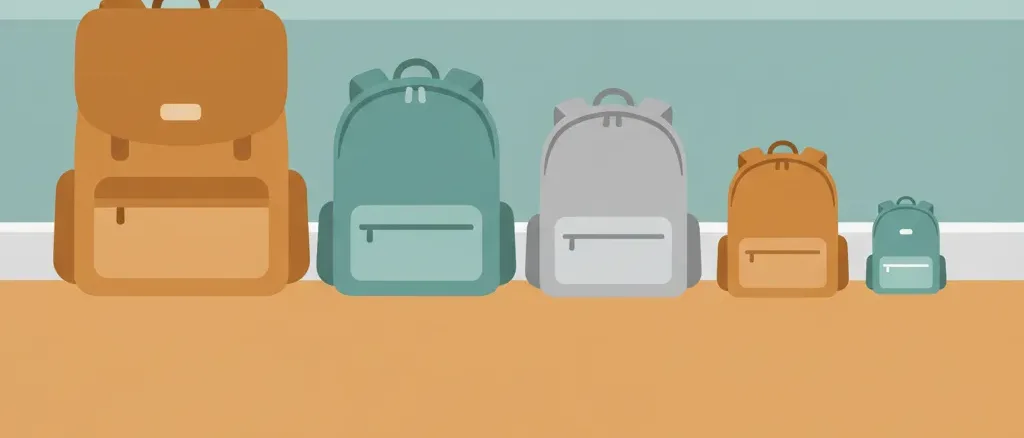 A row of school backpacks arranged from large to small against a classroom wall, flat vector illustration in soft muted tones.