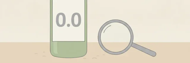 A beer bottle whose label shows a plain '0.0' beside a small magnifying glass on a neutral surface, flat vector illustration.