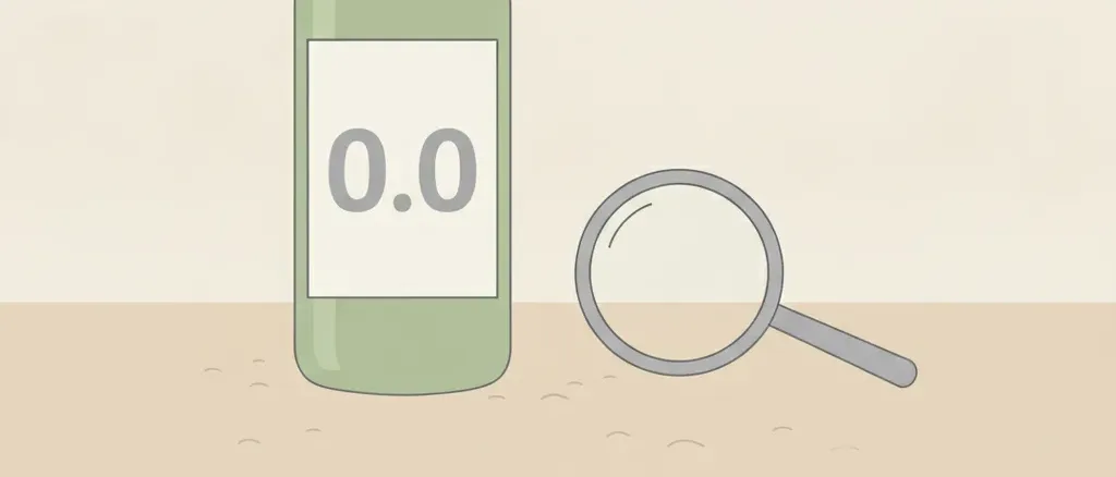A beer bottle whose label shows a plain '0.0' beside a small magnifying glass on a neutral surface, flat vector illustration.